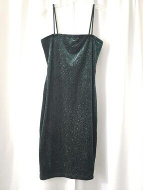 Large Windsor Emerald Green Silver Sparkle Spaghetti Strap Midi Dress